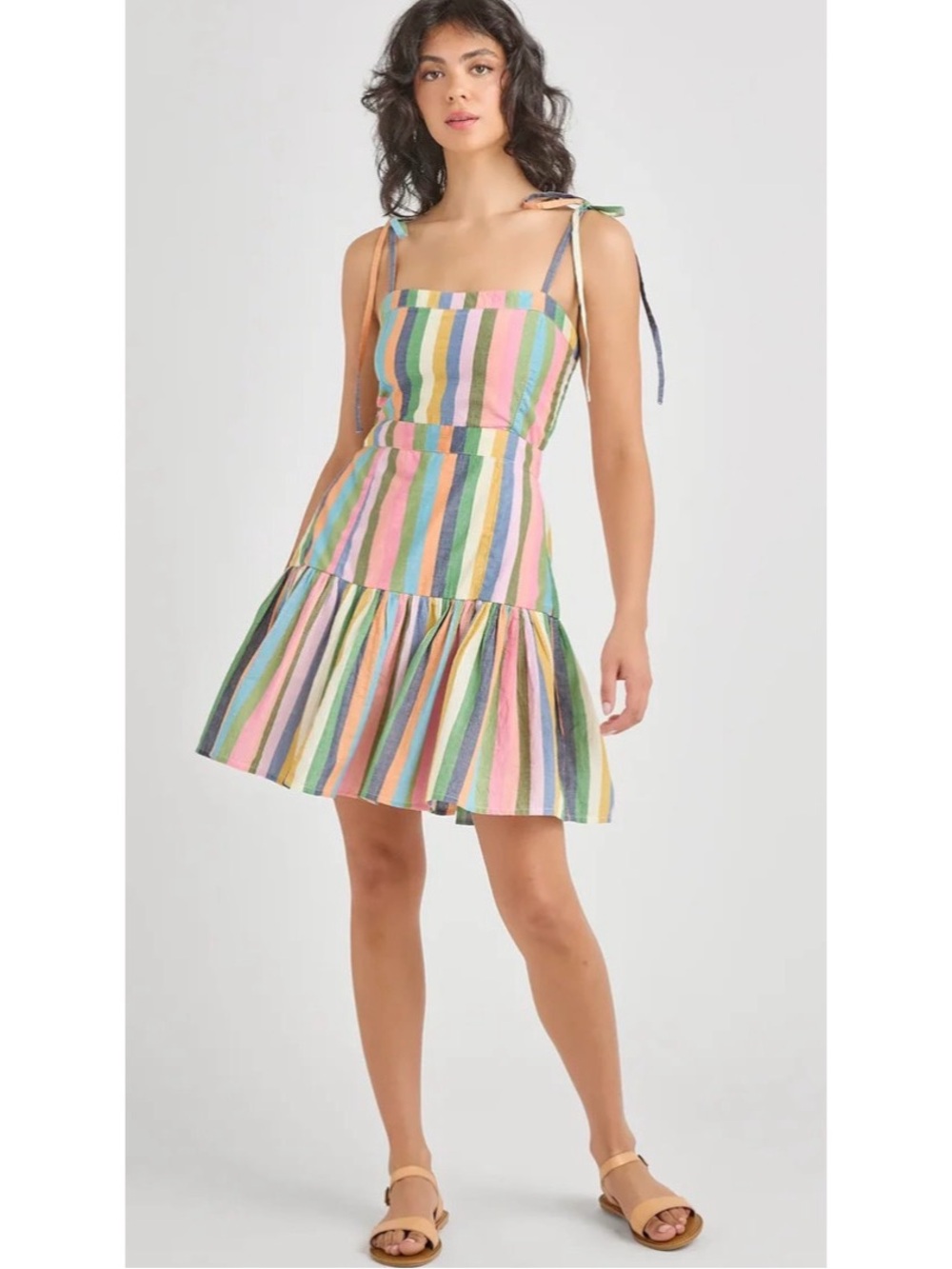 Striped Tie-Shoulder Sundress in Pastel Multi